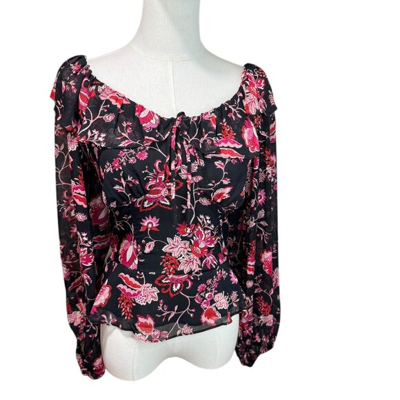 Jessica Simpson Ruffle Sleeve Blouse Pink floral on black  – NWT – Size XS - Picture 1 of 7